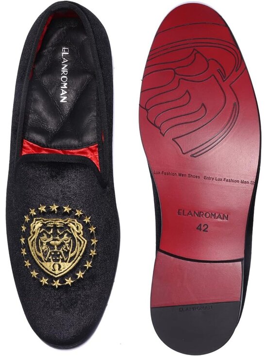 ELANROMAN Men\'s Black Velvet Loafers Embroidered Lion Crown Formal Party Shoes